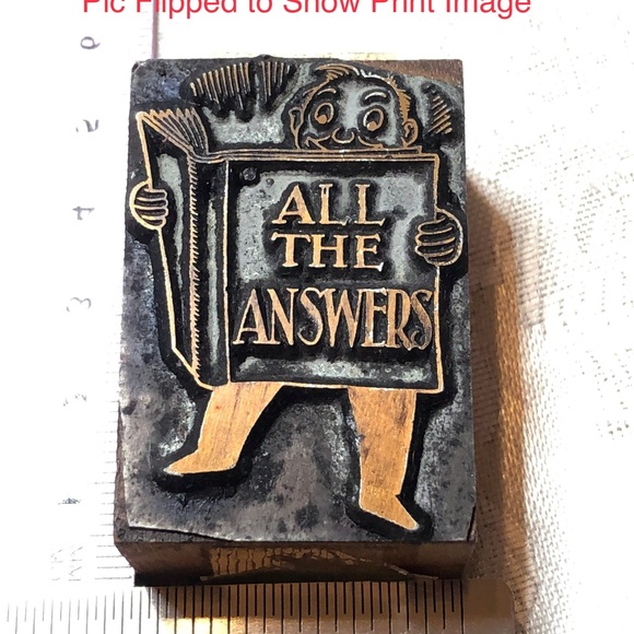 Antique Wooden Print Block Copper All The Answers - Picture 1 of 5